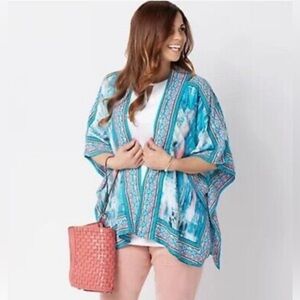 TOLANI COLLECTION Resort Beach Floral/Abstract Open Front Blue & Peach Kimono M